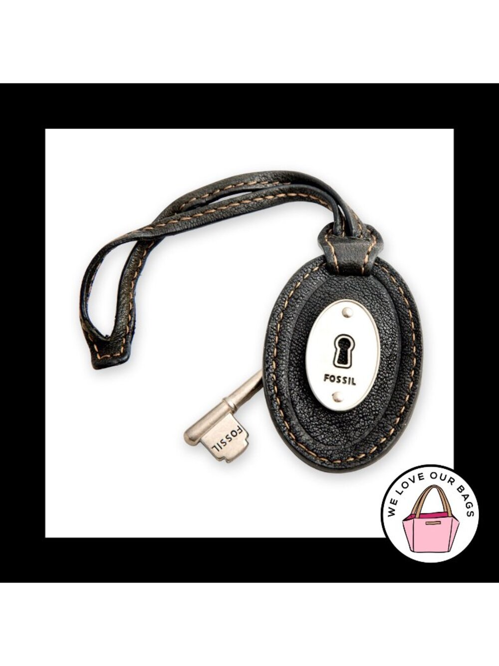 FOSSIL KEY Silver Nickel And Black Leather Strap Bag Charm Hang Tag Keychain Fob